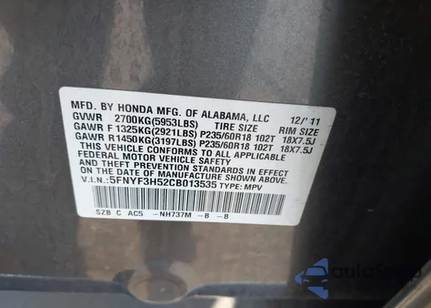 2012 Honda Pilot Ex-L z USA, uszkodzony, nr VIN 5FNYF3H52CB013535